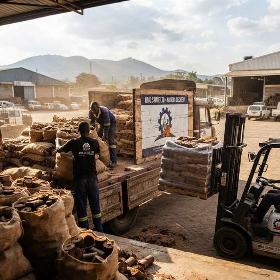 Forklift loading a truck with bagged briquettes for delivery in Nairobi
