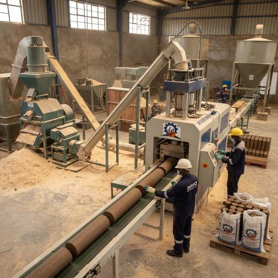 Briq Stone factory overview — conveyor and sawdust processing line