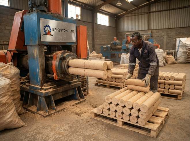 Worker stacking finished briquettes on a pallet beside the press