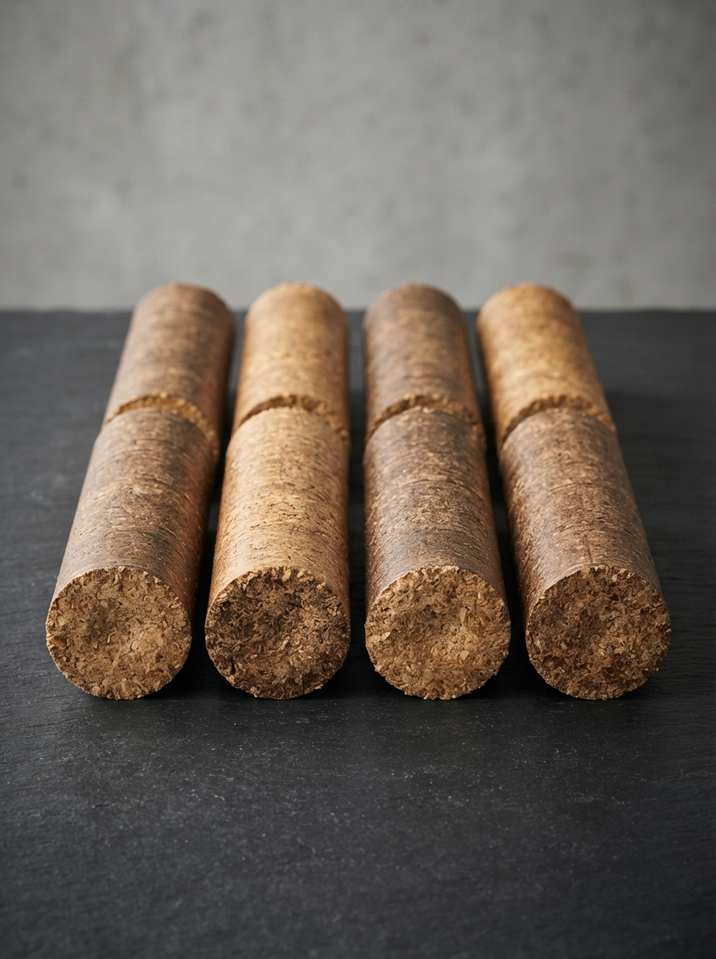 Eight solid briquettes arranged in pairs on dark slate