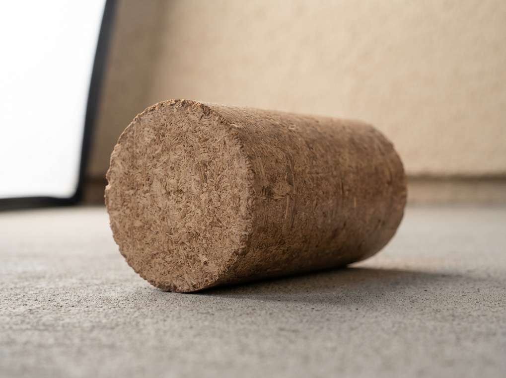 A single solid sawdust briquette, close up on concrete