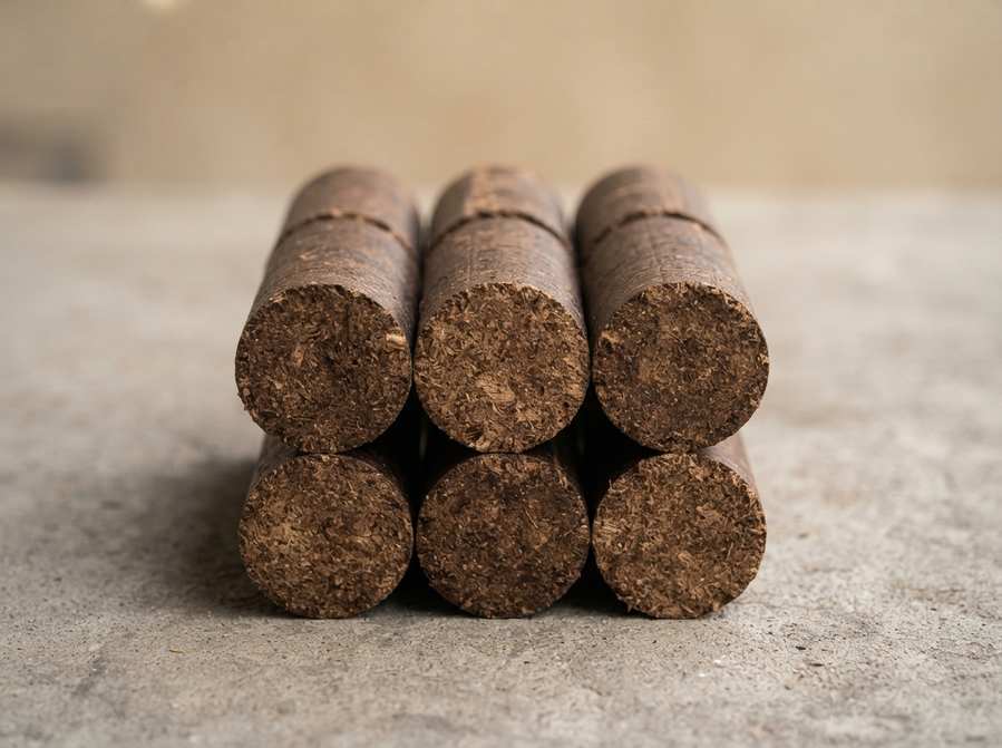 Solid sawdust briquettes stacked together, end view